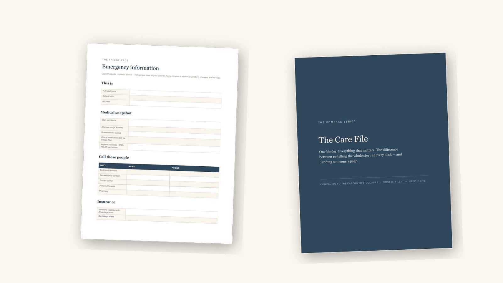 The Care File: the emergency fridge page and the medication list