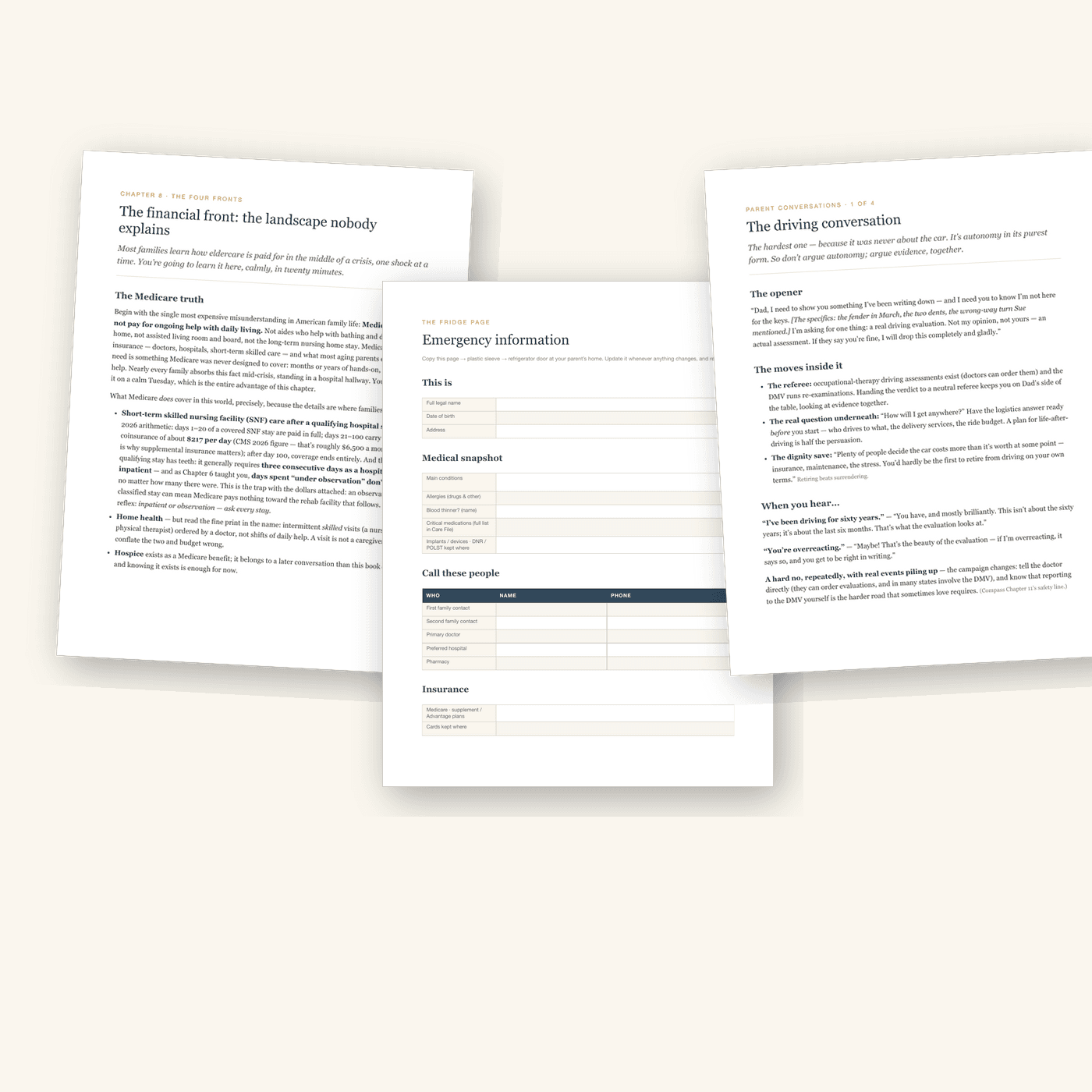 Inside the Compass: the four fronts, the Care File's fridge page, and the conversation scripts
